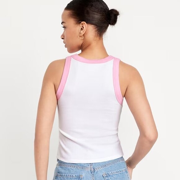 Old Navy White w/ Pink High Crew Neck Feelin' Zesty Graphic Tank Top Size Medium - Picture 2 of 6